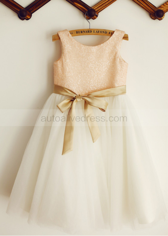 Blush Pink Sequin Ivory Tulle Knee Length Sparkly Flower Girl Dress